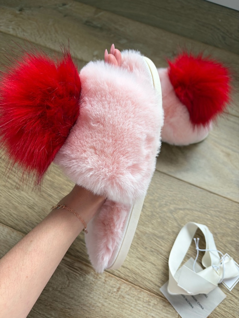 Shiraleah Pink Faux Fur Slippers with Red Pom - Picture 3 of 5